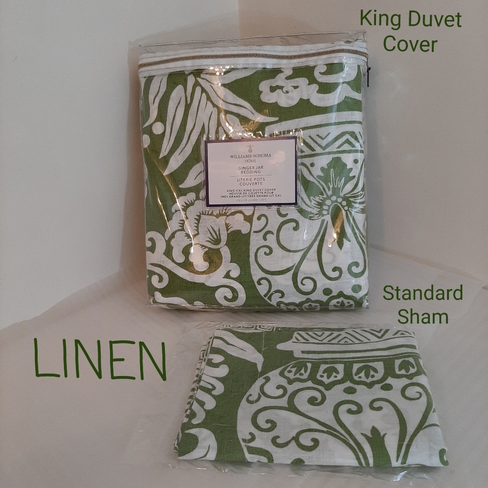 Williams Sonoma Ginger Jar Linen King Duvet Cover & 1 Standard Sham